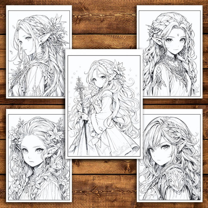 Carte de colorat pentru relaxare si antistres, 50 de ilustratii, Anime Elf Girls - Volumul III, 106 pagini [5]