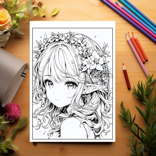 Carte de colorat pentru relaxare si antistres, 50 de ilustratii, Anime Elf Girls - Volumul III, 106 pagini [3]