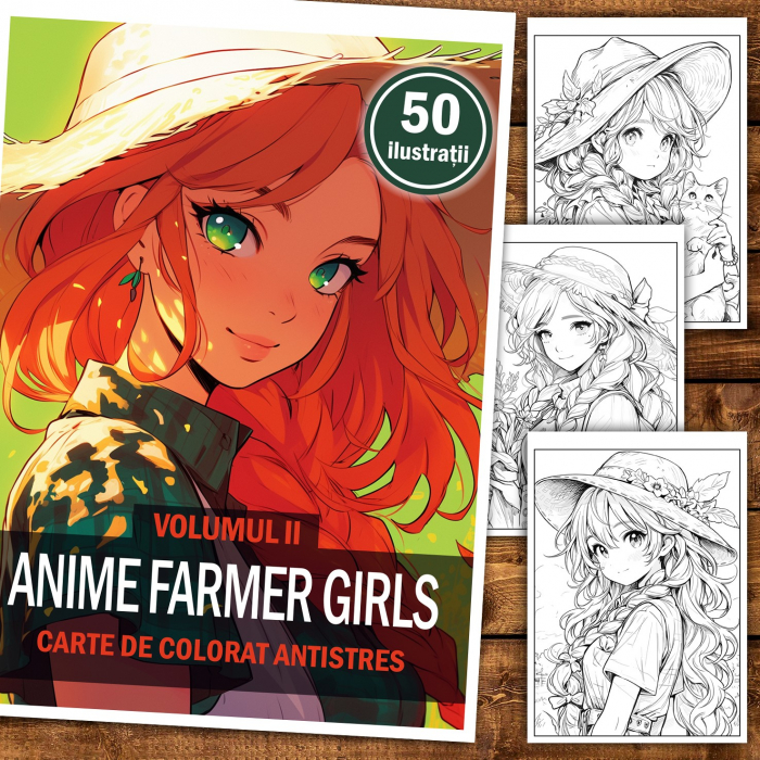 Carte de colorat pentru relaxare si antistres, 50 de ilustratii, Anime Farmer Girls - Volumul II, 106 pagini [2]