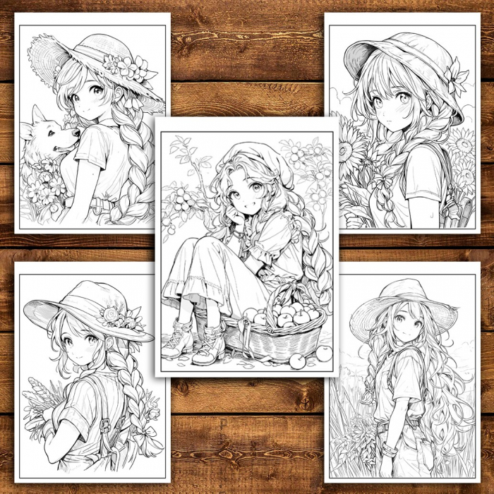 Carte de colorat pentru relaxare si antistres, 50 de ilustratii, Anime Farmer Girls - Volumul II, 106 pagini [4]