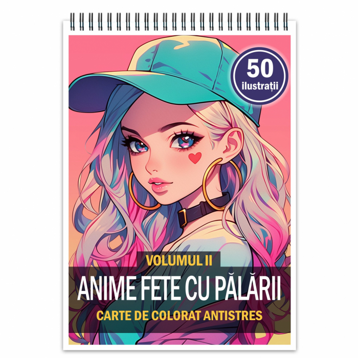 Carte de colorat pentru relaxare si antistres, 50 de ilustratii, Anime Fete cu Palarii - Volumul II, 106 pagini [1]