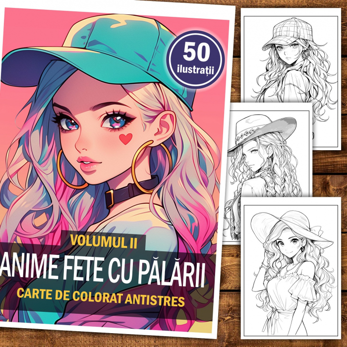 Carte de colorat pentru relaxare si antistres, 50 de ilustratii, Anime Fete cu Palarii - Volumul II, 106 pagini [2]