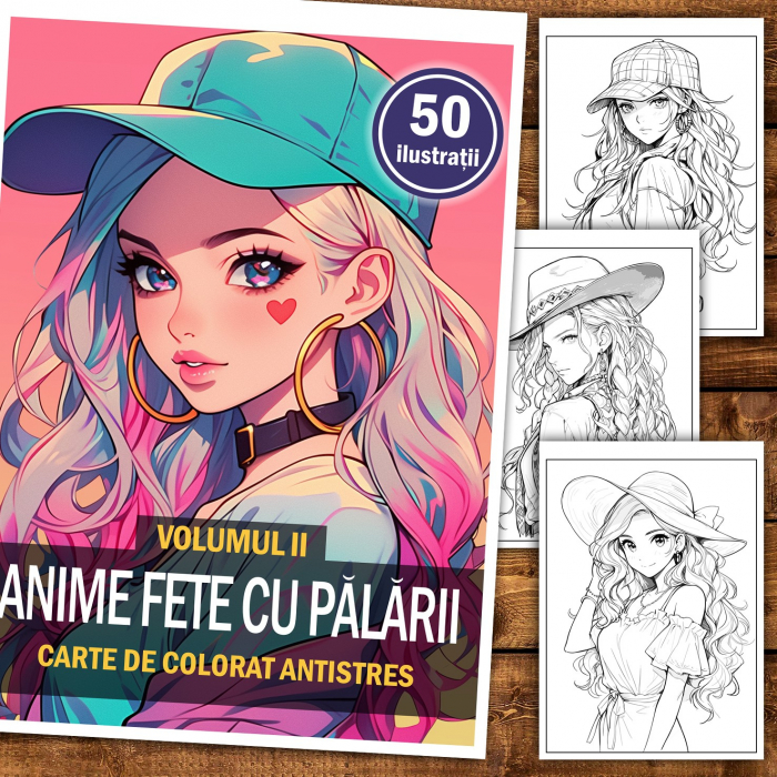 Carte de colorat pentru relaxare si antistres, 50 de ilustratii, Anime Fete cu Palarii - Volumul II, 106 pagini [2]