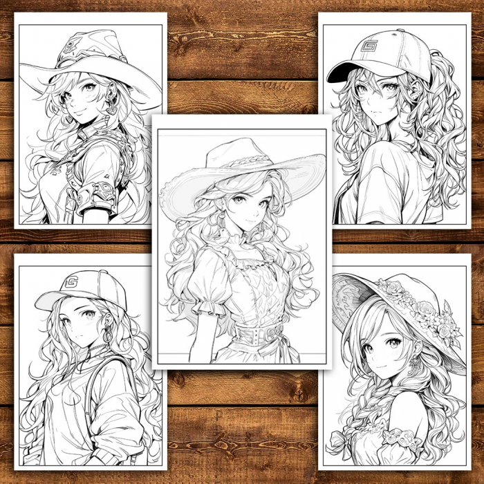 Carte de colorat pentru relaxare si antistres, 50 de ilustratii, Anime Fete cu Palarii - Volumul II, 106 pagini [5]