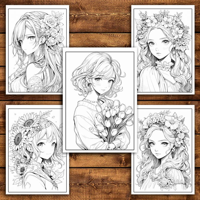 Carte de colorat pentru relaxare si antistres, 50 de ilustratii, Anime Flower Girls,106 pagini [6]