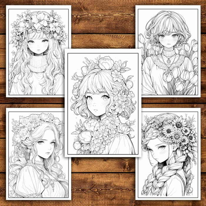 Carte de colorat pentru relaxare si antistres, 50 de ilustratii, Anime Flower Girls,106 pagini [5]