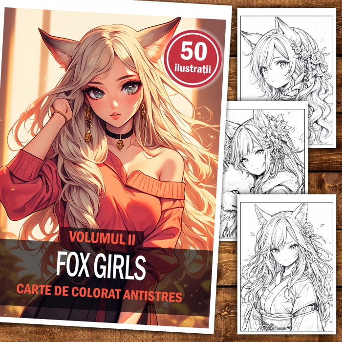 Carte de colorat pentru relaxare si antistres, 50 de ilustratii, Anime Fox Girls - Volumul II, 106 pagini [2]