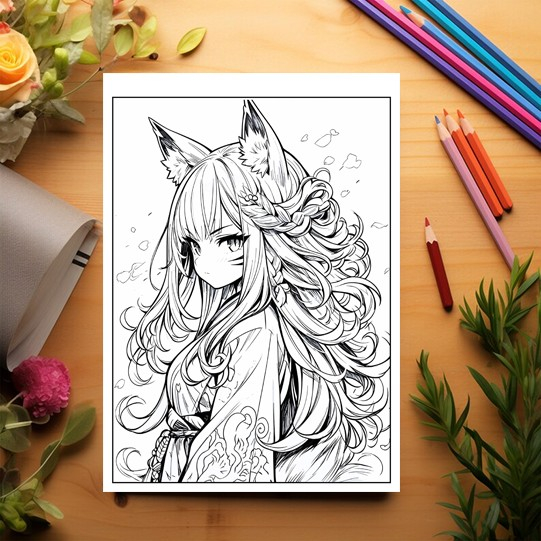Carte de colorat pentru relaxare si antistres, 50 de ilustratii, Anime Fox Girls - Volumul II, 106 pagini [3]