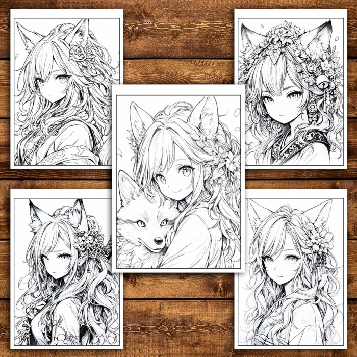 Carte de colorat pentru relaxare si antistres, 50 de ilustratii, Anime Fox Girls - Volumul II, 106 pagini [4]