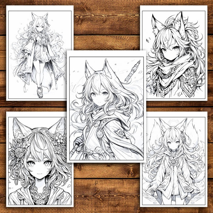 Carte de colorat pentru relaxare si antistres, 50 de ilustratii, Anime Fox Girls - Volumul II, 106 pagini [5]