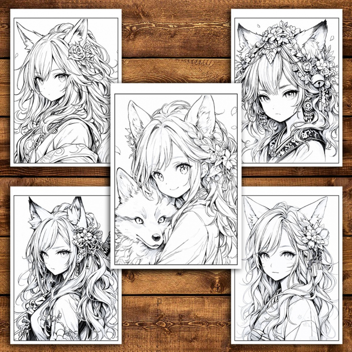 Carte de colorat pentru relaxare si antistres, 50 de ilustratii, Anime Fox Girls - Volumul II, 106 pagini [4]