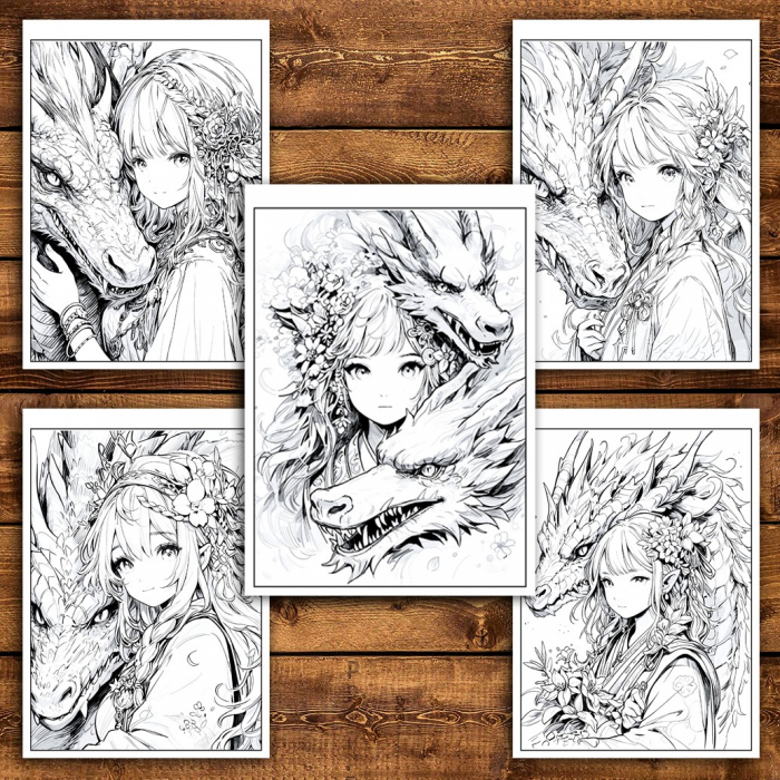 Carte de colorat pentru relaxare si antistres, 50 de ilustratii, Anime Girls and Dragons, 106 pagini [5]