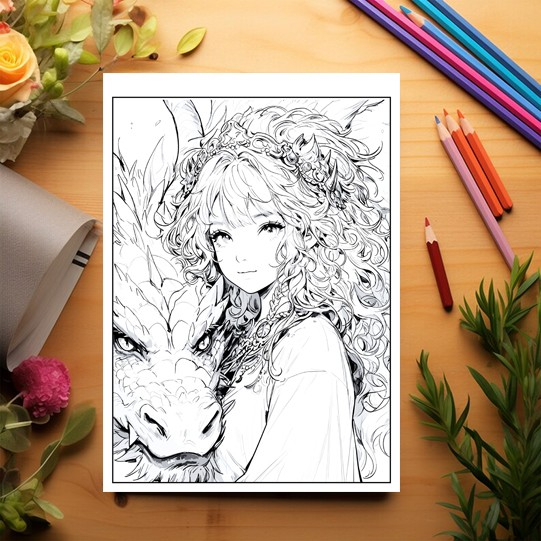 Carte de colorat pentru relaxare si antistres, 50 de ilustratii, Anime Girls and Dragons, 106 pagini [3]