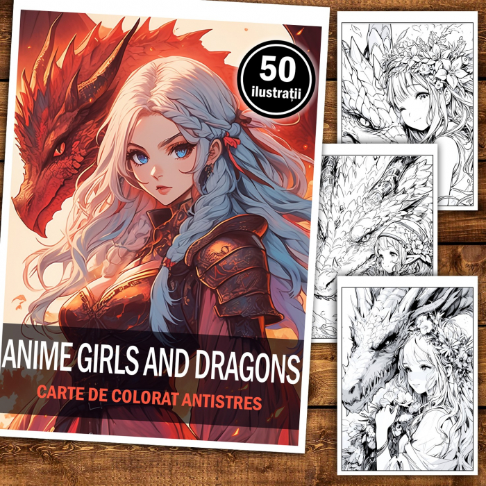 Carte de colorat pentru relaxare si antistres, 50 de ilustratii, Anime Girls and Dragons, 106 pagini [2]