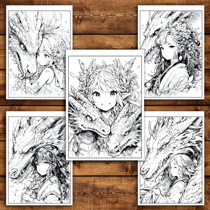 Carte de colorat pentru relaxare si antistres, 50 de ilustratii, Anime Girls and Dragons, 106 pagini [4]