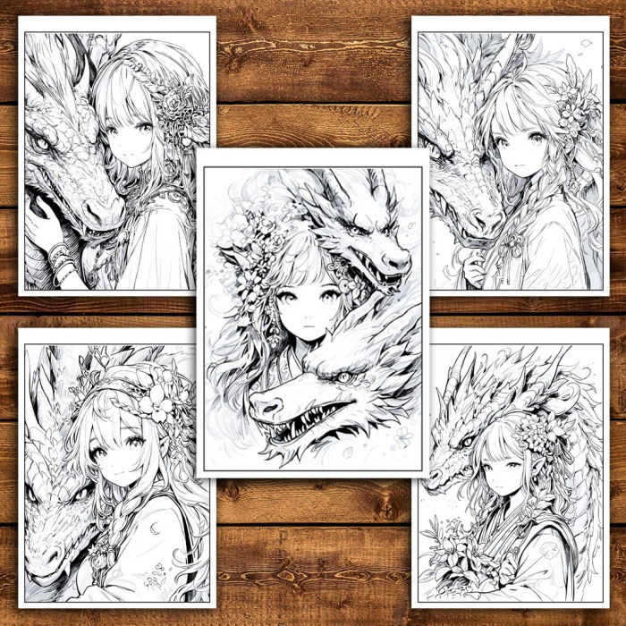 Carte de colorat pentru relaxare si antistres, 50 de ilustratii, Anime Girls and Dragons, 106 pagini [5]