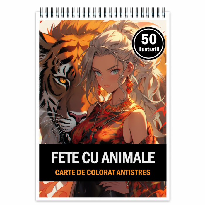 Carte de colorat pentru relaxare si antistres, 50 de ilustratii, Anime Girls with Animals, 106 pagini [1]