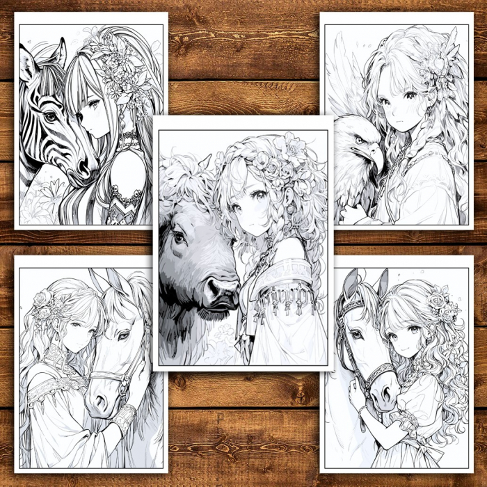 Carte de colorat pentru relaxare si antistres, 50 de ilustratii, Anime Girls with Animals, 106 pagini [6]