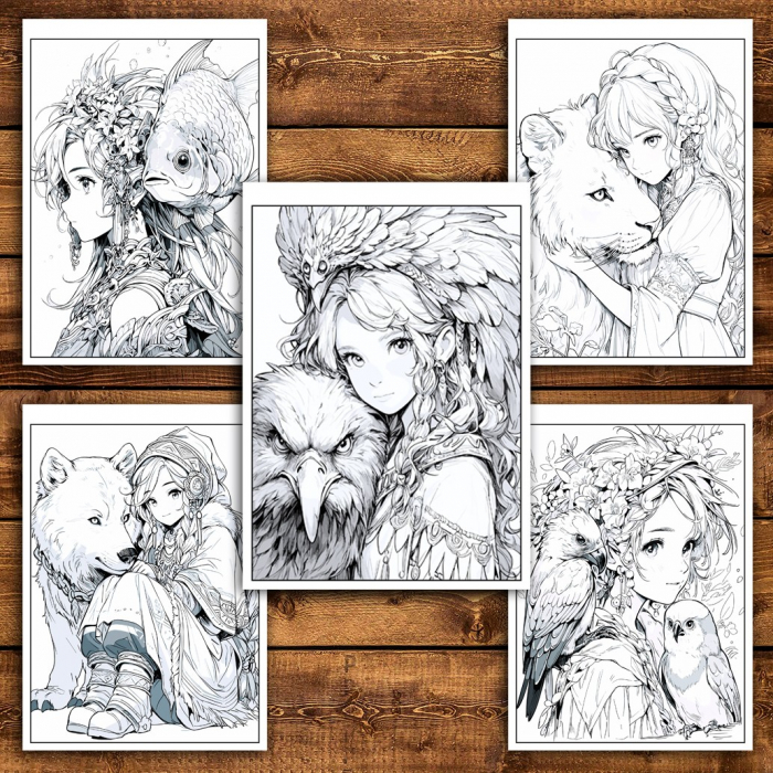 Carte de colorat pentru relaxare si antistres, 50 de ilustratii, Anime Girls with Animals, 106 pagini [5]