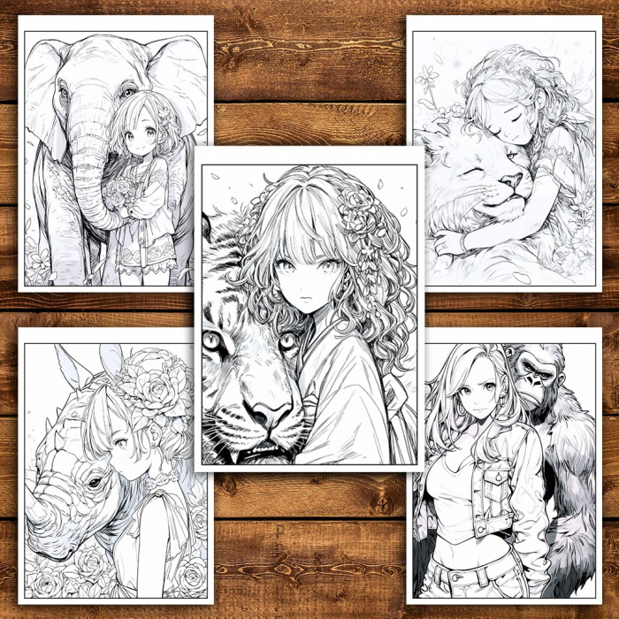 Carte de colorat pentru relaxare si antistres, 50 de ilustratii, Anime Girls with Animals, 106 pagini [4]