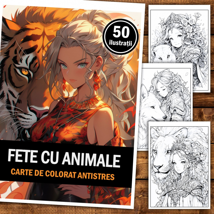Carte de colorat pentru relaxare si antistres, 50 de ilustratii, Anime Girls with Animals, 106 pagini [2]