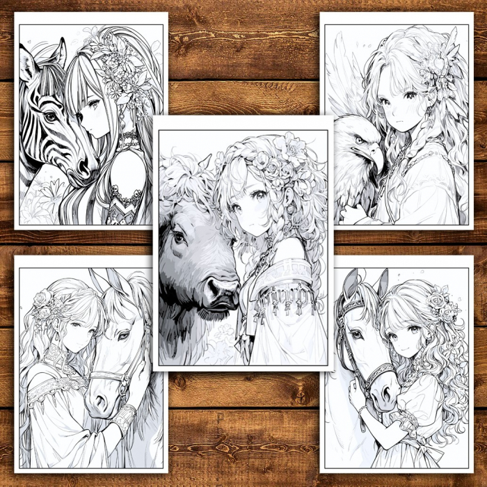 Carte de colorat pentru relaxare si antistres, 50 de ilustratii, Anime Girls with Animals, 106 pagini [6]