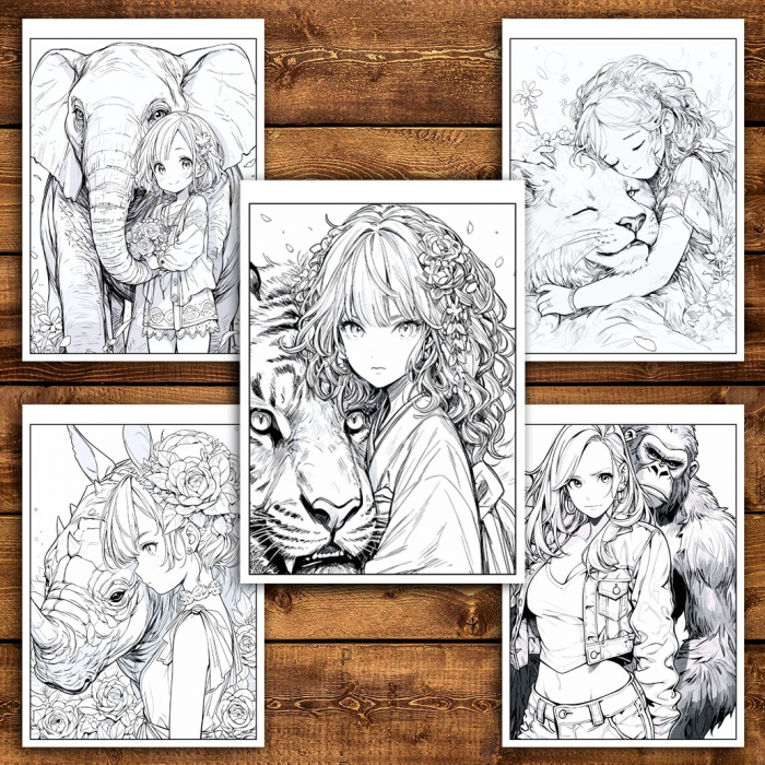 Carte de colorat pentru relaxare si antistres, 50 de ilustratii, Anime Girls with Animals, 106 pagini [4]