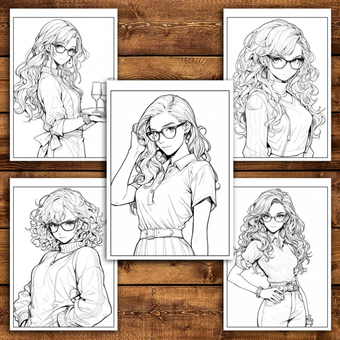 Carte de colorat pentru relaxare si antistres, 50 de ilustratii, Anime Girls with Glasses - Volumul II, 106 pagini [5]