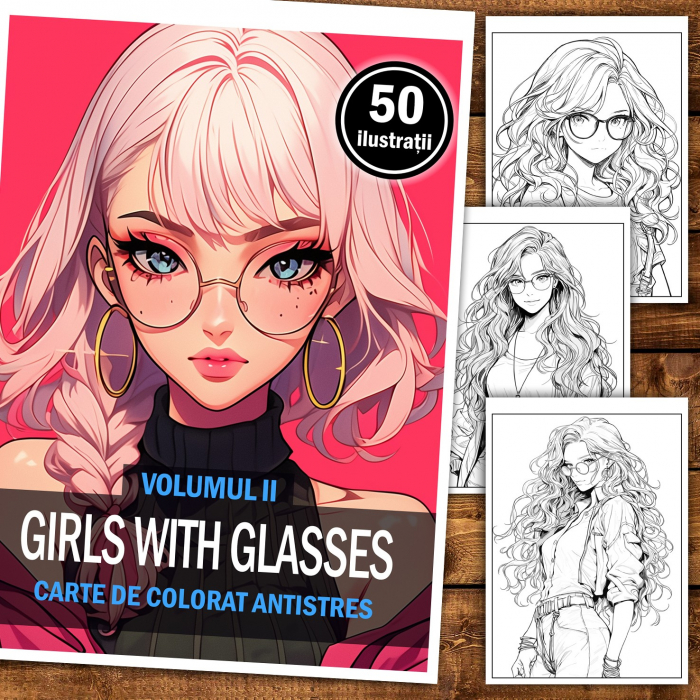 Carte de colorat pentru relaxare si antistres, 50 de ilustratii, Anime Girls with Glasses - Volumul II, 106 pagini [2]