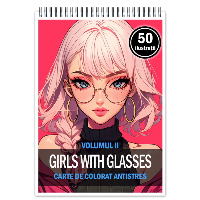 Carte de colorat pentru relaxare si antistres, 50 de ilustratii, Anime Girls with Glasses - Volumul II, 106 pagini [1]