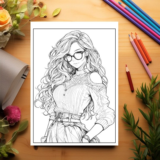 Carte de colorat pentru relaxare si antistres, 50 de ilustratii, Anime Girls with Glasses - Volumul II, 106 pagini [3]