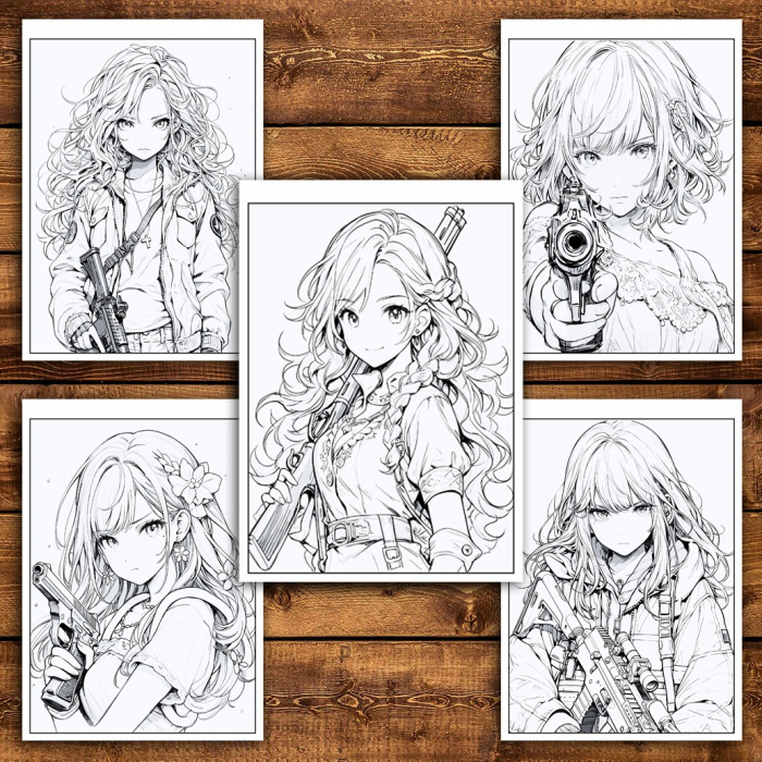 Carte de colorat pentru relaxare si antistres, 50 de ilustratii, Anime Girls with Guns, 106 pagini [5]