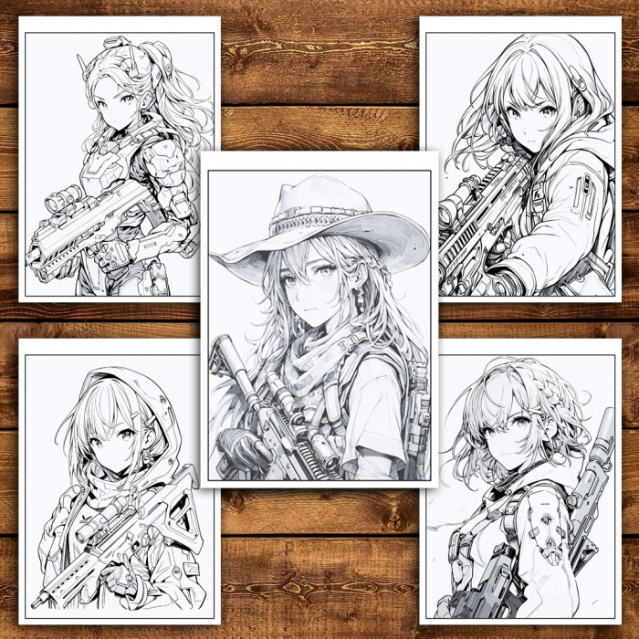 Carte de colorat pentru relaxare si antistres, 50 de ilustratii, Anime Girls with Guns, 106 pagini [4]
