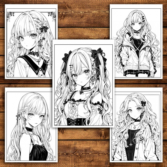 Carte de colorat pentru relaxare si antistres, 50 de ilustratii, Anime Goth Girls - Volumul II, 106 pagini [5]