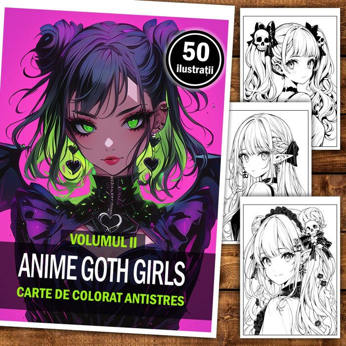 Carte de colorat pentru relaxare si antistres, 50 de ilustratii, Anime Goth Girls - Volumul II, 106 pagini [2]