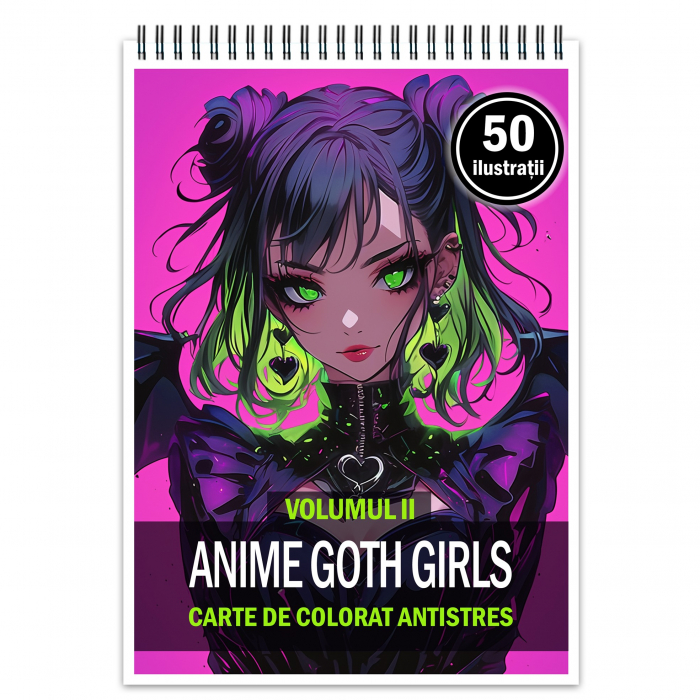 Carte de colorat pentru relaxare si antistres, 50 de ilustratii, Anime Goth Girls - Volumul II, 106 pagini [1]