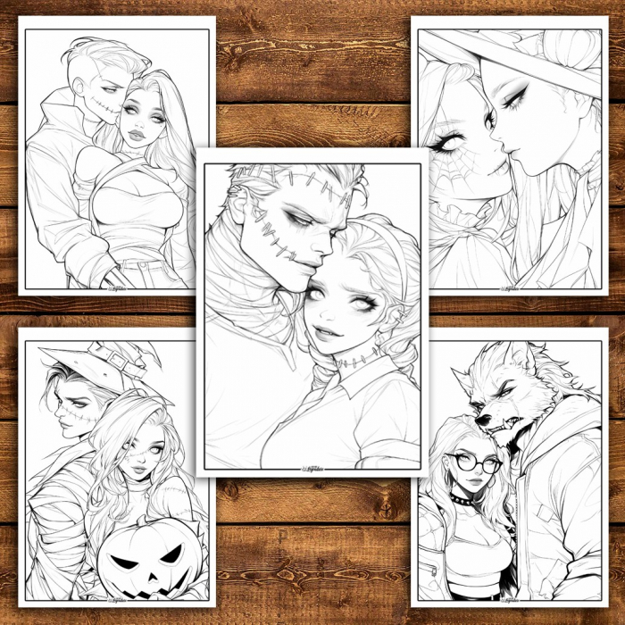 Carte de colorat pentru relaxare si antistres, 50 de ilustratii, Anime Halloween Couples, 106 pagini [5]