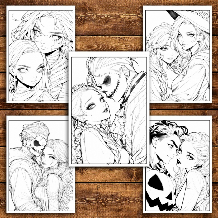 Carte de colorat pentru relaxare si antistres, 50 de ilustratii, Anime Halloween Couples, 106 pagini [4]