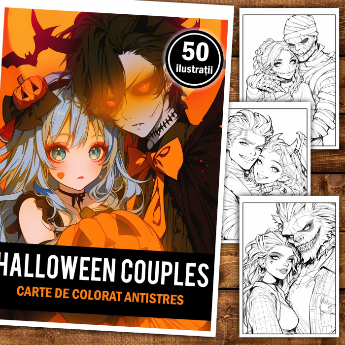 Carte de colorat pentru relaxare si antistres, 50 de ilustratii, Anime Halloween Couples, 106 pagini [2]
