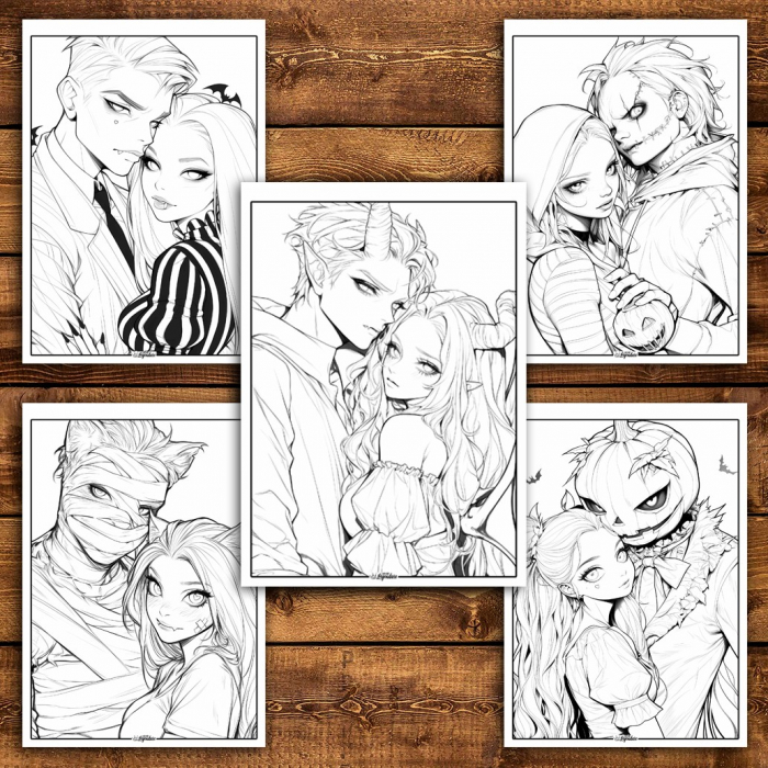 Carte de colorat pentru relaxare si antistres, 50 de ilustratii, Anime Halloween Couples, 106 pagini [6]
