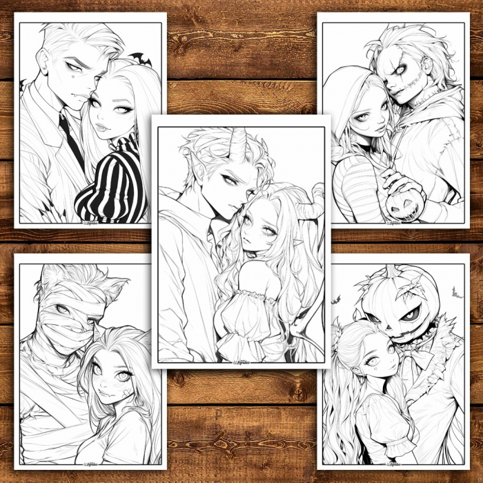 Carte de colorat pentru relaxare si antistres, 50 de ilustratii, Anime Halloween Couples, 106 pagini [6]