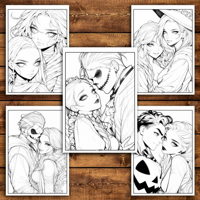 Carte de colorat pentru relaxare si antistres, 50 de ilustratii, Anime Halloween Couples, 106 pagini [4]