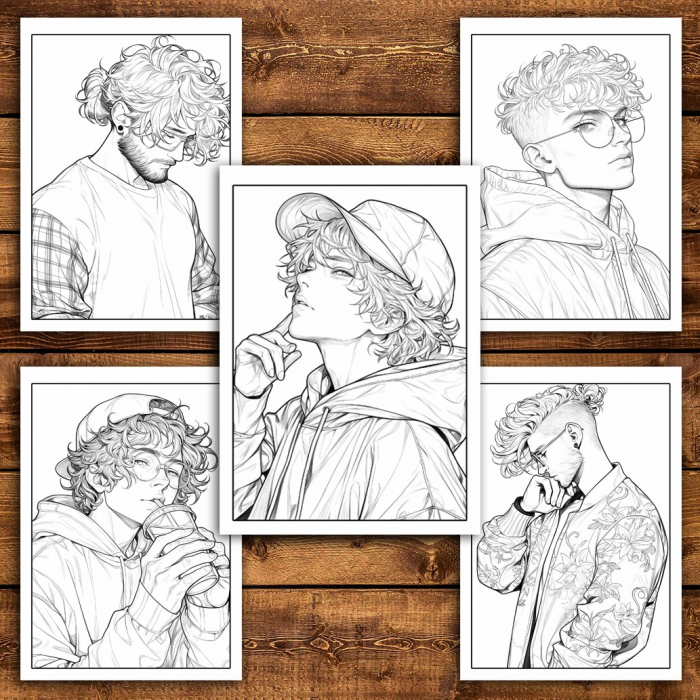 Carte de colorat pentru relaxare si antistres, 50 de ilustratii, Anime Hipster Boys, 106 pagini [5]