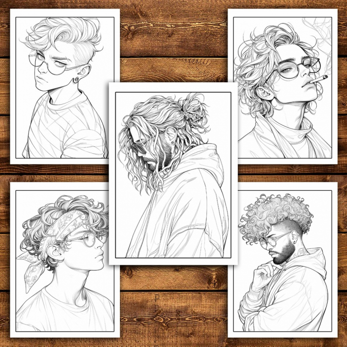 Carte de colorat pentru relaxare si antistres, 50 de ilustratii, Anime Hipster Boys, 106 pagini [6]