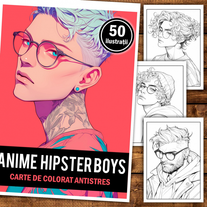 Carte de colorat pentru relaxare si antistres, 50 de ilustratii, Anime Hipster Boys, 106 pagini [2]