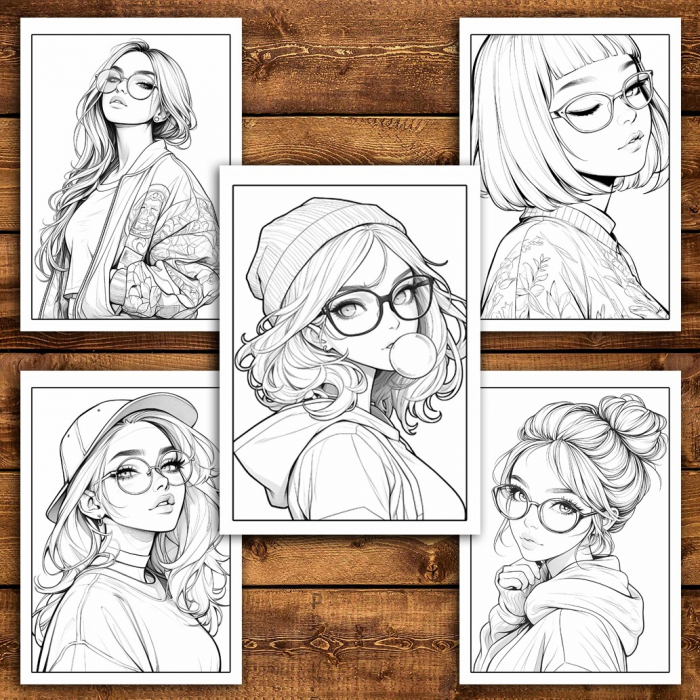 Carte de colorat pentru relaxare si antistres, 50 de ilustratii, Anime Hipster Girls, 106 pagini [4]