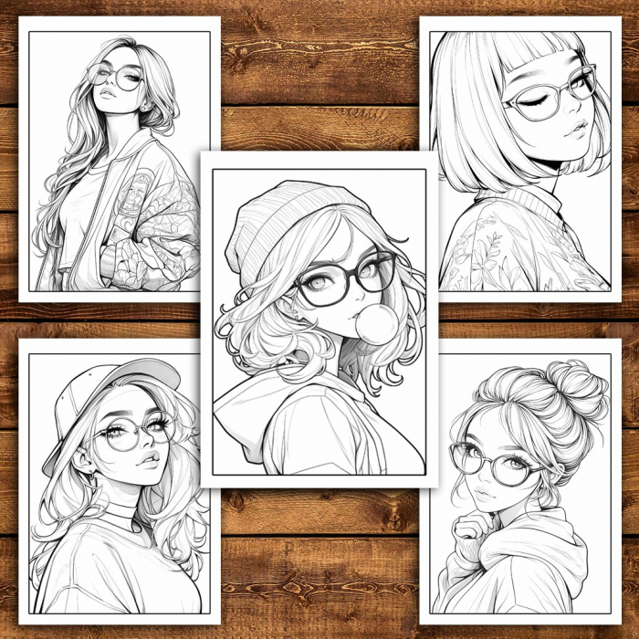 Carte de colorat pentru relaxare si antistres, 50 de ilustratii, Anime Hipster Girls, 106 pagini [4]