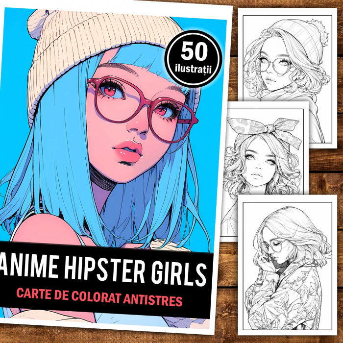 Carte de colorat pentru relaxare si antistres, 50 de ilustratii, Anime Hipster Girls, 106 pagini [2]