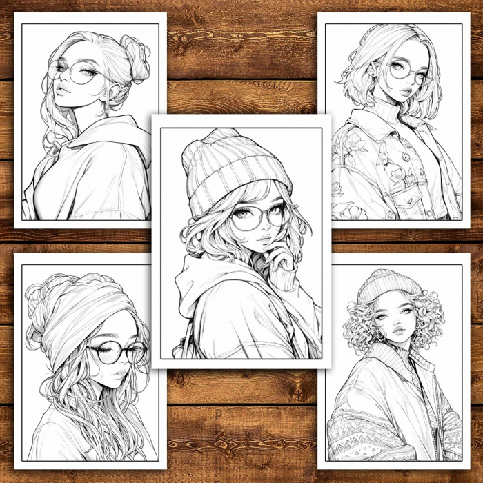 Carte de colorat pentru relaxare si antistres, 50 de ilustratii, Anime Hipster Girls, 106 pagini [5]