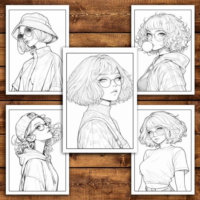 Carte de colorat pentru relaxare si antistres, 50 de ilustratii, Anime Hipster Girls, 106 pagini [6]